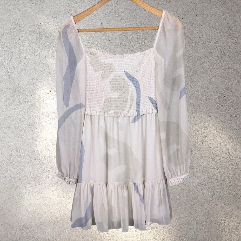 Aritzia Wilfred Tempest Smocked Chiffon Babydoll Mini Dress Sz S Abstract Sheer - Picture 3 of 7